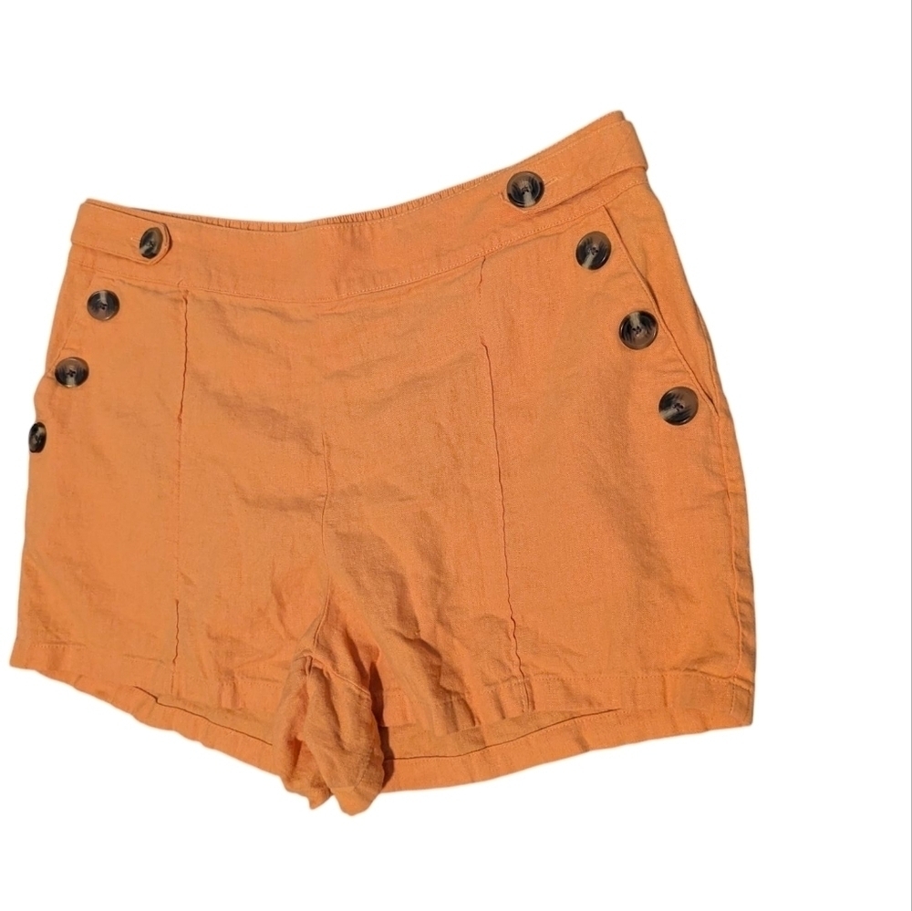 Calligraphie,Women's Orange Button-Detail Shorts,Linen Blend
